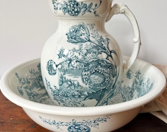 Antique English Ironstone Transferware Pitcher with Wash Basin/Bowl | F. Winkle & Co. White and Blue Sunbeam | European Farmhouse Cottage