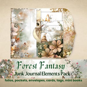 Op de afbeelding: Een set printbare junk journal-elementen met een bosfantasie-thema. De elementen omvatten folios, zakken, enveloppen, kaarten, labels en mini-boekjes. Het ontwerp bevat een uil, bloemen en een boslandschap.