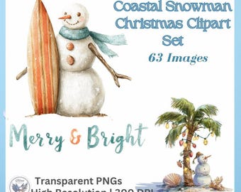 Op de afbeelding: Waterverfillustratie van een kustsneeuwman met een surfboard, een blauwe sjaal en takarmen. De afbeelding bevat tekst met "Coastal Snowman Christmas Clipart Set" en "Merry & Bright".