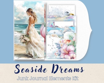 May include: A digital junk journal kit with a seaside theme. The kit includes a variety of elements, such as folios, pockets, tags, cards, and ephemera. The elements are decorated with watercolor illustrations of a woman in a white dress, a seagull, flowers, and seashells.