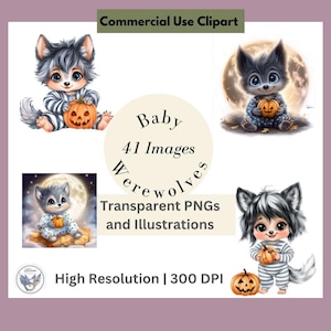 Baby Werewolves Whimsy – 41-Piece Halloween Clipart & Illustration Pack | Cute werewolves PNGs for Stickers, Planners, Crafts, Sublimation