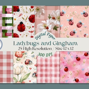 Pode incluir: Uma coleção de designs de papel digital com joaninhas e padrões xadrez vichy. Os designs incluem xadrez vichy vermelho e branco, arranjos florais e ilustrações de joaninhas. O texto na imagem diz "Ladybugs and Gingham" e "25 Alta Resolução / Tamanho 30.5 x 30.5 cm".