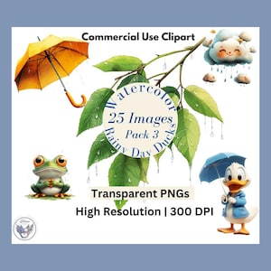 Rainy Day Ducks Clipart 25 pack | Ducks in Raincoats, Umbrellas, Frogs, Raindrops & More | Cute Spring Graphics PNG Bundle Pack 3