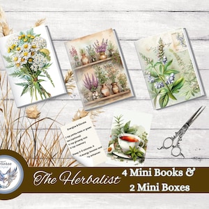 Pode incluir: Uma variedade de livros e caixas em miniatura com ilustrações botânicas. A imagem inclui um buquê de flores brancas e amarelas, uma prateleira com vasos e uma xícara de chá. O texto diz "The Herbalist".