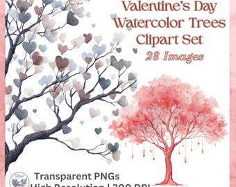 Valentine’s Day Tree Clipart Bundle – 28 Romantic Heart Trees PNG, Love Tree Illustrations for Cards, Stickers, POD