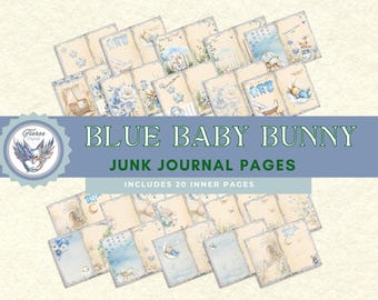 Blue Baby Bunny Junk Journal Digital Pages | 20-Page Vintage-Inspired Printable Kit