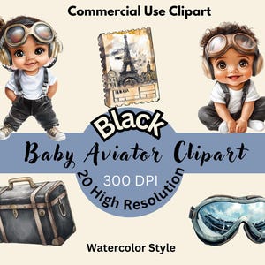 Baby Aviator Clipart Pack – 20-Piece Digital Set (Black Tones)