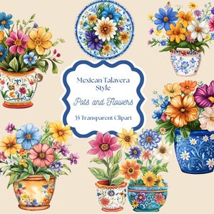 Puede incluir: Un conjunto de 35 imágenes de clipart digitales que presentan flores coloridas en varios arreglos, todas en macetas de estilo mexicano Talavera. Las macetas están decoradas con intrincados patrones florales en azul, blanco y amarillo.