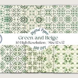 Può includere: Dieci design di carta digitale con un motivo a piastrelle verde e beige. I fogli sono 30,5 cm x 30,5 cm e 300 DPI.