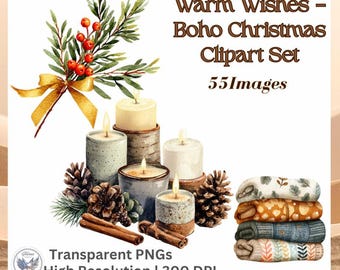 Warm Wishes Watercolor Christmas Clipart Set: 55 accoglienti PNG invernali Boho / Decorazioni per la casa Hygge per lavoretti e diari delle feste BN-002