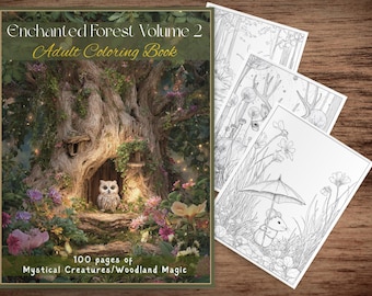 Op de afbeelding: Een kleurboek voor volwassenen getiteld "Enchanted Forest Volume 2" met een omslag met een grillige bosscène. De omslag toont een uil in een boomholte, omringd door bloemen. Bevat 100 pagina's met mystieke wezens en bosmagie.