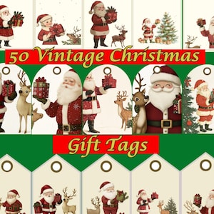 Vintage Christmas Gift Tags - Set of 50 Retro Holiday Gift Labels, Designs for Festive Wrapping