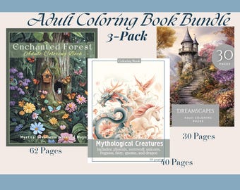 Peut inclure: Un lot de 3 livres de coloriage pour adultes. L'ensemble comprend trois livres : "Enchanted Forest" avec 62 pages, "Mythological Creatures" avec 40 pages et "Dreamscapes" avec 30 pages. Chaque couverture de livre présente des illustrations détaillées.