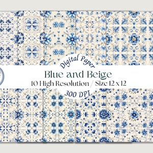 Może przedstawiać: Dziesięć wzorów papieru cyfrowego z niebieskim i beżowym wzorem kwiatowym w stylu płytek. Papiery mają rozmiar 30,48 cm x 30,48 cm i rozdzielczość 300 DPI.