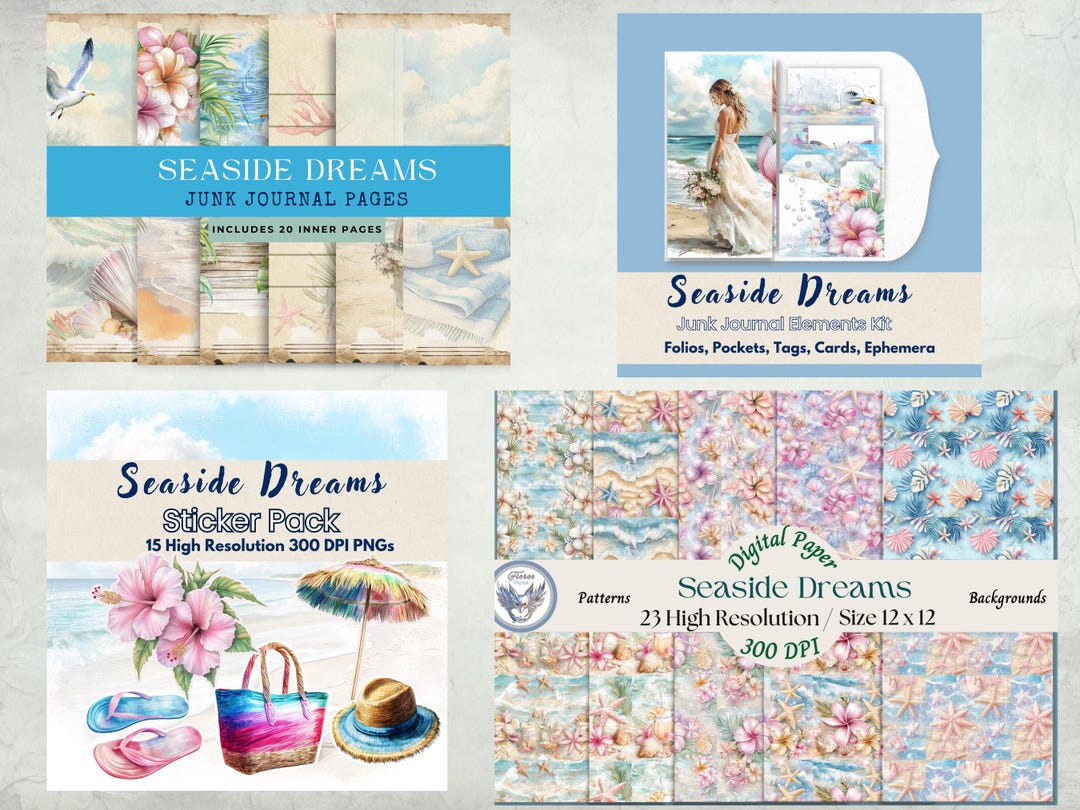 Seaside Dreams Junk Journal Kit: Beach Ephemera, Stickers, Backgrounds ...