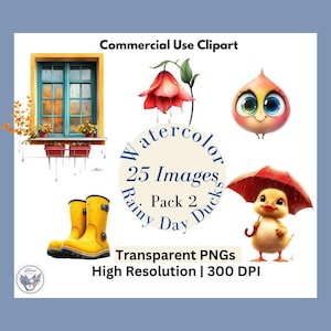 Rainy Day Ducks Clipart 25 pack | Ducks in Raincoats, Umbrellas, Frogs, Raindrops & More | Cute Spring Graphics PNG Bundle Pack 2