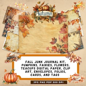 Papel digital, imágenes prediseñadas, sobres, folios, tarjetas y etiquetas para diario basura, tema de otoño