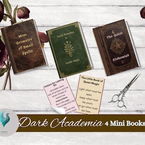 May include: An overhead shot features four miniature books with aged covers, alongside two small cards and ornate scissors. The books are titled "Mini Grimoire of Small Spells", "Forest Remedies & Gentle Magic", and "The Gatot Alchemist". The text "Dark Academia 4 Mini Books" is also visible.