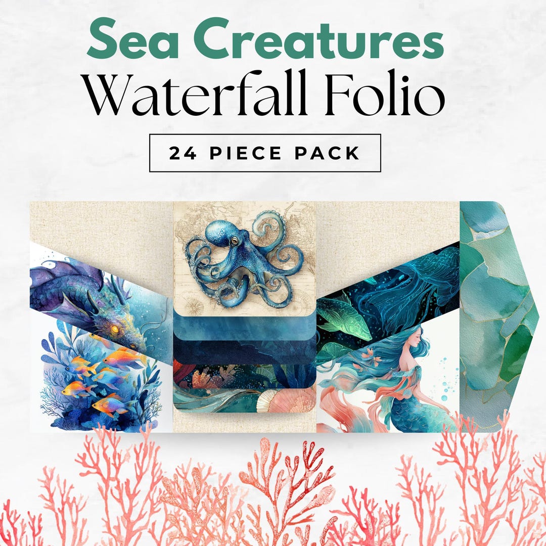 Sea Creatures Waterfall Folio – 24 Digital Elements, Ocean Junk Journal ...