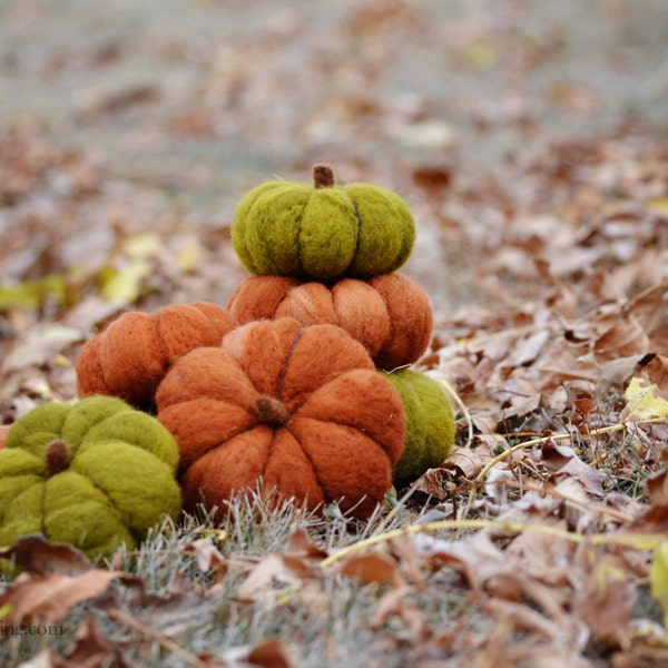 Wool Pumpkins | Needle Felted set of 3 pumpkins in orange and green | fall Decor
