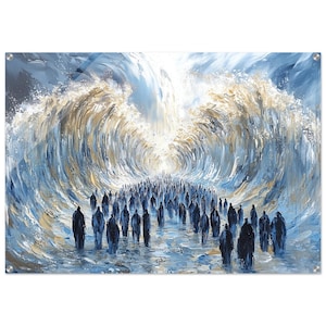 Può includere: Un dipinto che rappresenta un gruppo di persone che camminano attraverso un'onda gigante. L'onda è dipinta in tonalità di blu e bianco, e le persone sono dipinte in tonalità di blu e nero.