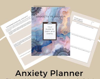 May include: A blue and pink watercolor background with mandala designs and the text "Anxiety Planner" and "Your Guide to Calm and Clarity".