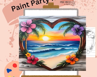 May include: Paint Party Kits image featuring a heart-shaped painting of a tropical beach scene with a sunset, palm trees, and hibiscus flowers. The words "Paint Party Kits" are at the top.