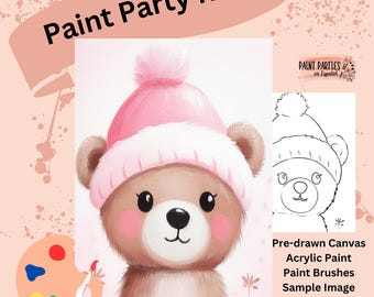 DIY Winter Teddy Bear Paint Party Kit: Pre-Drawn Canvas Paint and Sip