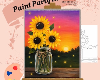 May include: A paint party kit featuring a painting of sunflowers in a mason jar against a sunset backdrop. The canvas is on an easel, with a palette and the words "Paint Party Kits" visible.