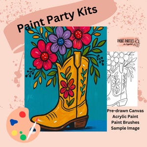 Könnte beinhalten: Ein Malparty-Set mit einem gelben Cowboy-Stiefel, gefüllt mit bunten Blumen, vor einem türkisfarbenen Hintergrund. Das Set enthält eine vorgezeichnete Leinwand, Acrylfarbe und Pinsel. Der Text "Paint Party Kits" steht oben.