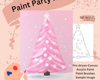 May include: A pink Christmas tree painting kit with a pre-drawn canvas, acrylic paint, and paint brushes. The tree is pink with white accents and a star on top. The words "Paint Party Kits" are at the top.