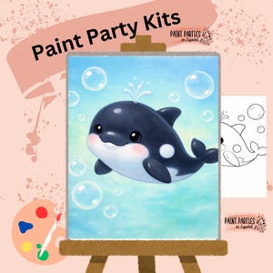 May include: A paint party kit featuring a canvas with a cartoon orca illustration, surrounded by bubbles, on a wooden easel. The kit includes a paint palette and a line drawing of the orca. Text on the image reads "Paint Party Kits".