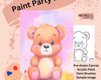 Teddy Bear Paint and Sip Kit Pre-Drawn Canvas, Acrylic Paint, Brushes Sample DIY Paint Party Kit for All Ages, Gifts, Events and Creativity
