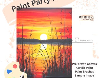 May include: A paint party kit featuring a sunset landscape painting. The canvas displays a vibrant sunset with a large sun, water reflection, and tall grass silhouettes. Includes pre-drawn canvas, acrylic paint, and paint brushes. The words "Paint Party Kits" are at the top.