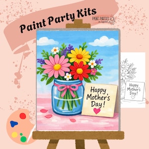 Puede incluir: Un kit de pintura para fiestas con un lienzo que representa un colorido arreglo floral en un tarro azul, una paleta y una tarjeta que dice "Happy Mother's Day!". El kit incluye una imagen de referencia, sobre un fondo rosa y azul.