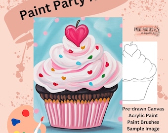 Pode incluir: Um kit de pintura para festas com uma tela pré-desenhada de um cupcake rosa e branco com um coração vermelho no topo. O kit inclui tinta acrílica, pincéis e uma imagem de amostra.