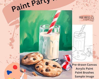 DIY Paint Party Kit: Pre-Drawn Canvas, Acrylic Paints Cookies and Milk Winter Painting