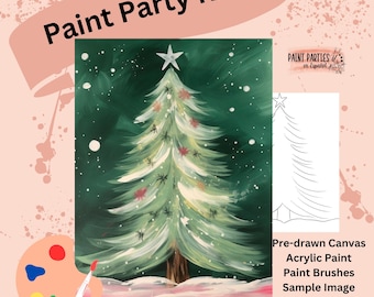 Puede incluir: Kit de fiesta de pintura con un lienzo predibujado de un árbol de Navidad con una estrella, pinturas acrílicas, pinceles y una imagen de muestra. El texto dice Paint Party Kits, Paint Parties en Español, Pre-drawn Canvas Acrylic Paint Paint Brushes Sample Image.