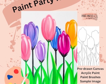 Tulip Paint and Sip Kit – Pre-Drawn Canvas, Acrylic Paint, Brushes Sample – DIY Paint Party Kit for All Ages, Gifts, Events and Creativity