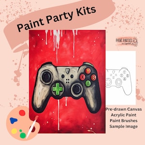 Könnte beinhalten: Ein Malparty-Set mit einer vorgezeichneten Leinwand mit einem Videospiel-Controller-Design, Acrylfarbe, Pinseln und einem Beispielbild. Die Leinwand hat einen roten Hintergrund mit weißen Farbtropfen.