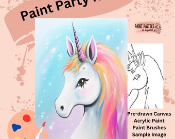 Unicorn Paint and Sip Kit Pre-Drawn Canvas, Acrylic Paint, Brushes Sample – DIY Paint Party Kit for All Ages, Gifts, Events and Creativity