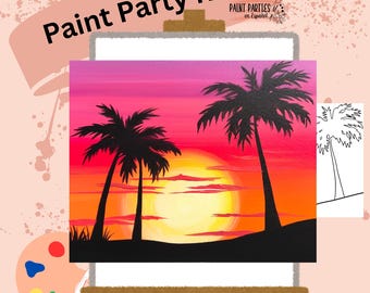 May include: A painting kit featuring a sunset scene with palm trees. The sky transitions from pink to orange, with a large yellow sun. The words "Paint Party Kits" are at the top.