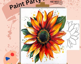 Puede incluir: Un kit de fiesta de pintura con una vibrante pintura de girasol sobre lienzo. El girasol tiene pétalos amarillos, naranjas y rojos con hojas verdes. El kit incluye un dibujo lineal del girasol y las palabras "Paint Party Kits".