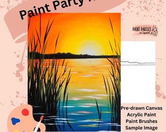 May include: Paint Party Kits image featuring a sunset landscape painting. The painting depicts a vibrant orange and yellow sky over a body of water with tall grass in the foreground. Includes pre-drawn canvas, acrylic paint, paint brushes, and a sample image.