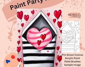 May include: A paint party kit featuring a pre-drawn canvas with a black and white striped envelope with a pink and red heart inside. The envelope is surrounded by red hearts. The kit includes acrylic paint, paint brushes, and a sample image.