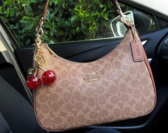 COACH Teri Hobo Signature Canvas Leather Brown Charms Cherry print bag Style Purse, Gift for Her Christmas