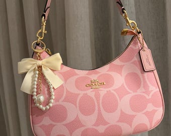 COACH Teri Hobo Signature Canvas Leather Pink Charms Pearl print bag Style Purse, Gift for Her Christmas
