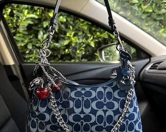 COACH Teri Juliet Signature Canvas Leather Denim Charms Bow print bag Style Purse, Gift for Her Christmas