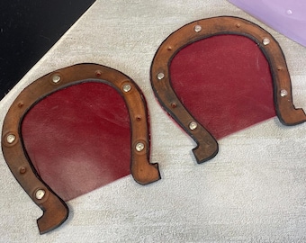 Set of 2 Horseshoe Coasters Medium - Rustic Wood and Cowhide Drink Coasters Western Home Decor Lucky Gift