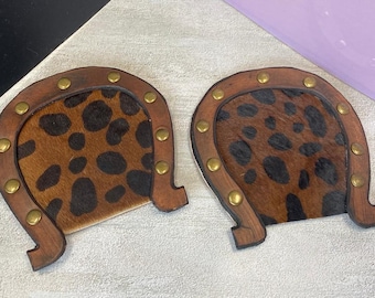 Set of 2 Horseshoe Coasters Medium Rustic Wood and Cowhide Drink Coasters Western Home Decor Lucky Gift